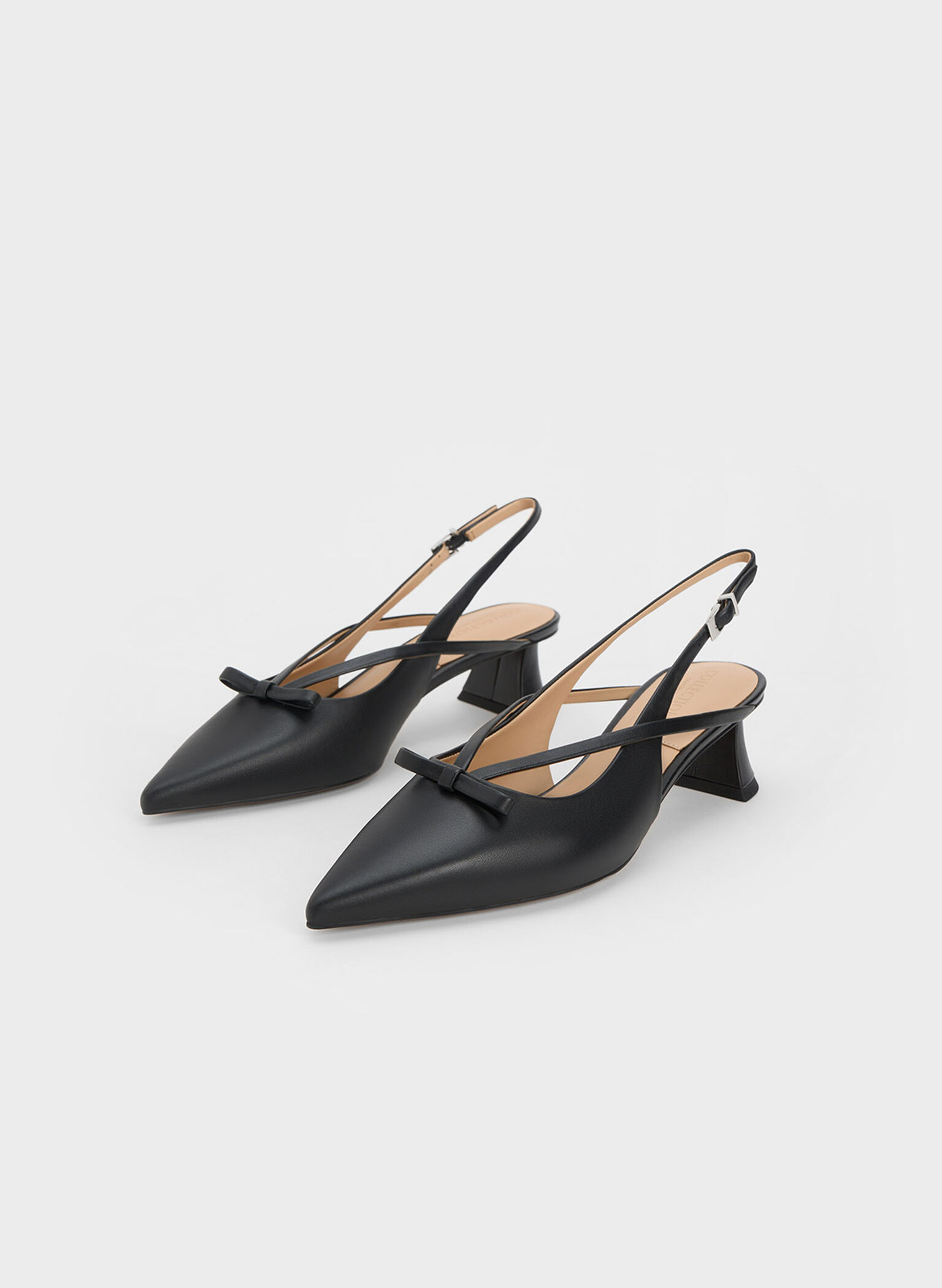 Black Leather Bow Strappy Slingback Pumps - CHARLES & KEITH SG