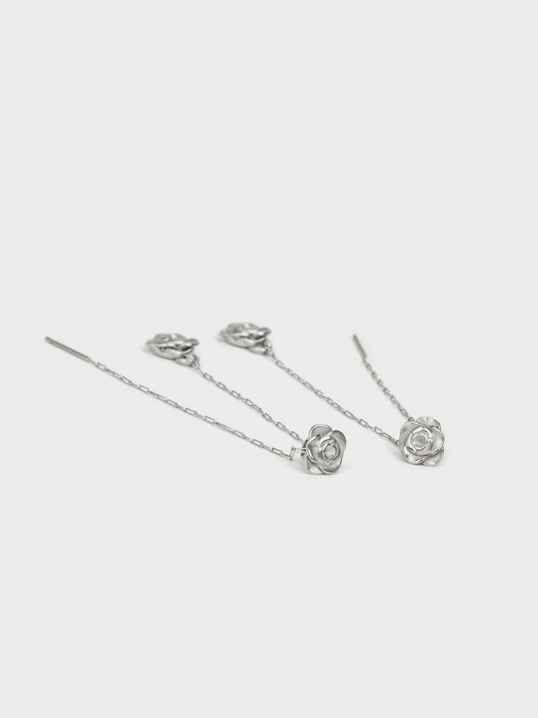 Rosalind Flower-Motif Asymmetric Drop Earrings, Brushed Silver, hi-res