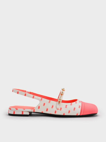 Zapatos planos destalonados florales estampados con cuentas, Rosa coral, hi-res