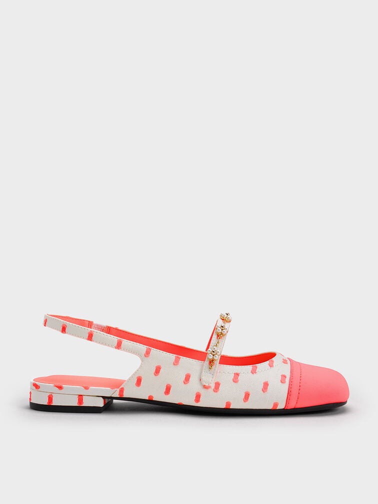 Zapatos planos destalonados florales estampados con cuentas, Rosa coral, hi-res