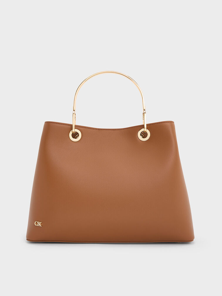 Leather Ring-Handle Bag, Cognac, hi-res