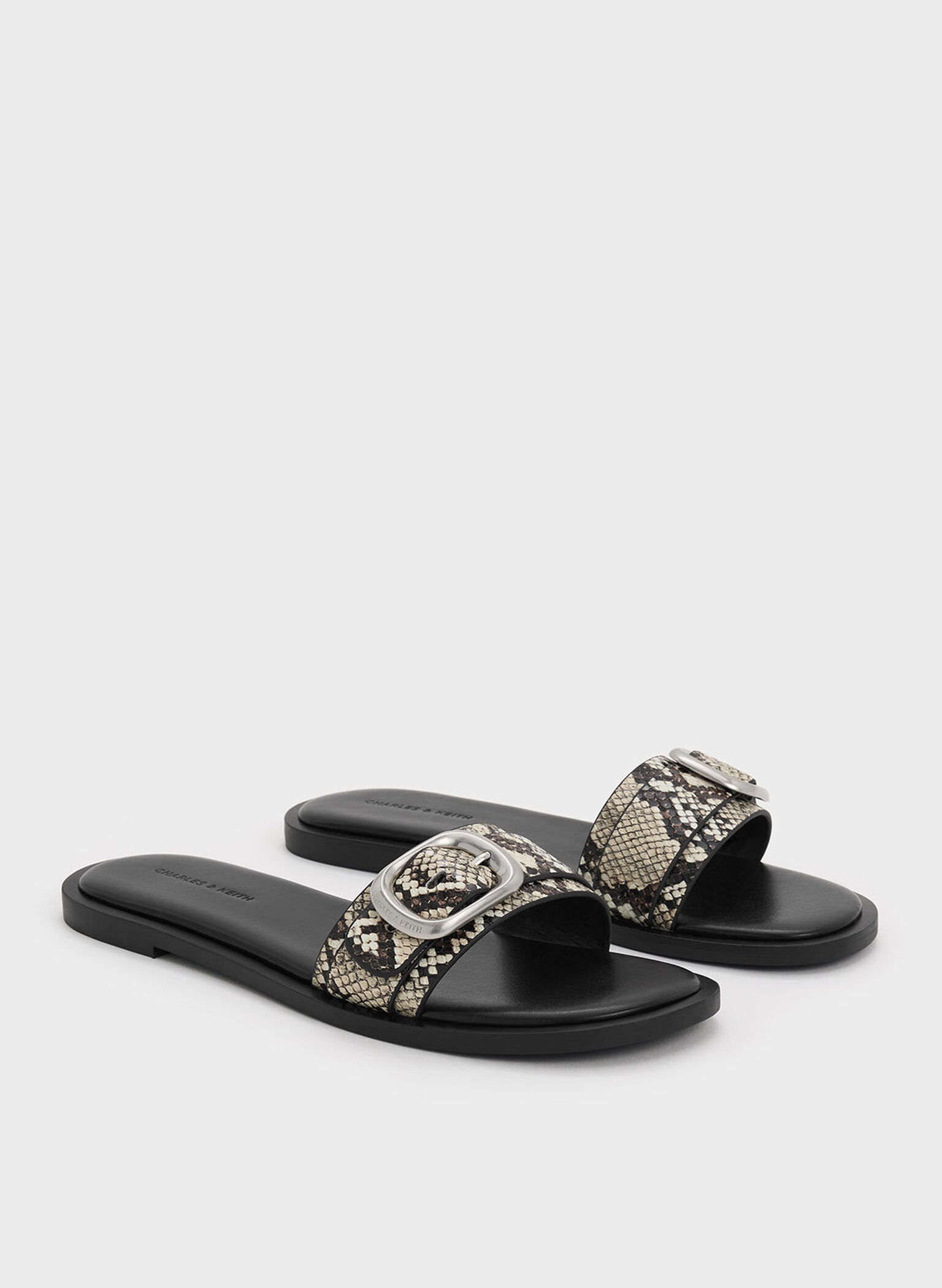Snake-Print Buckle-Strap Slide Sandals, Animal Print Natural, hi-res