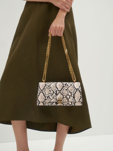 Chain Strap Snake Print Trapeze Shoulder Bag, Chalk, hi-res