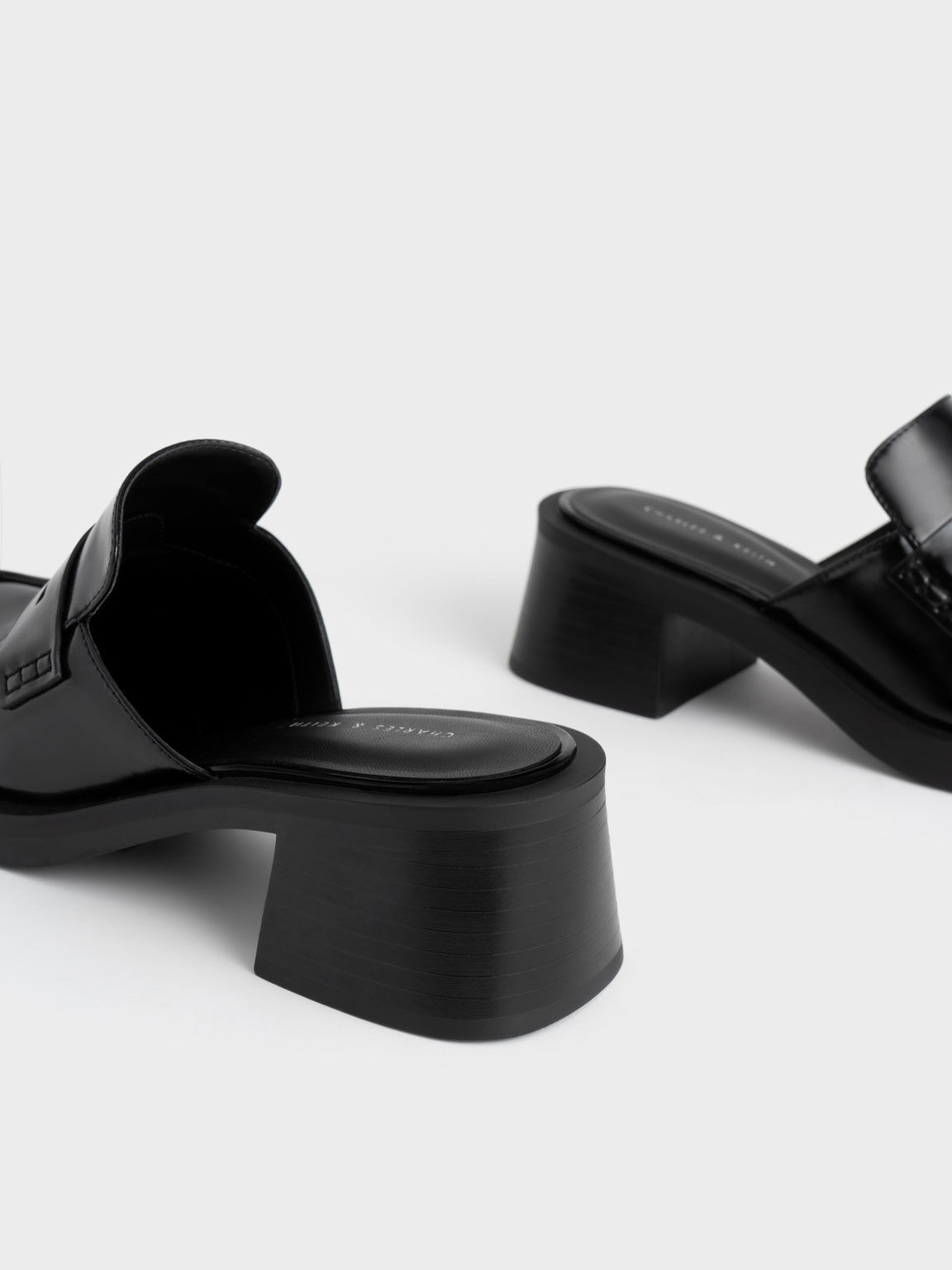 Penny Loafer Block Heel Mules, Black, hi-res