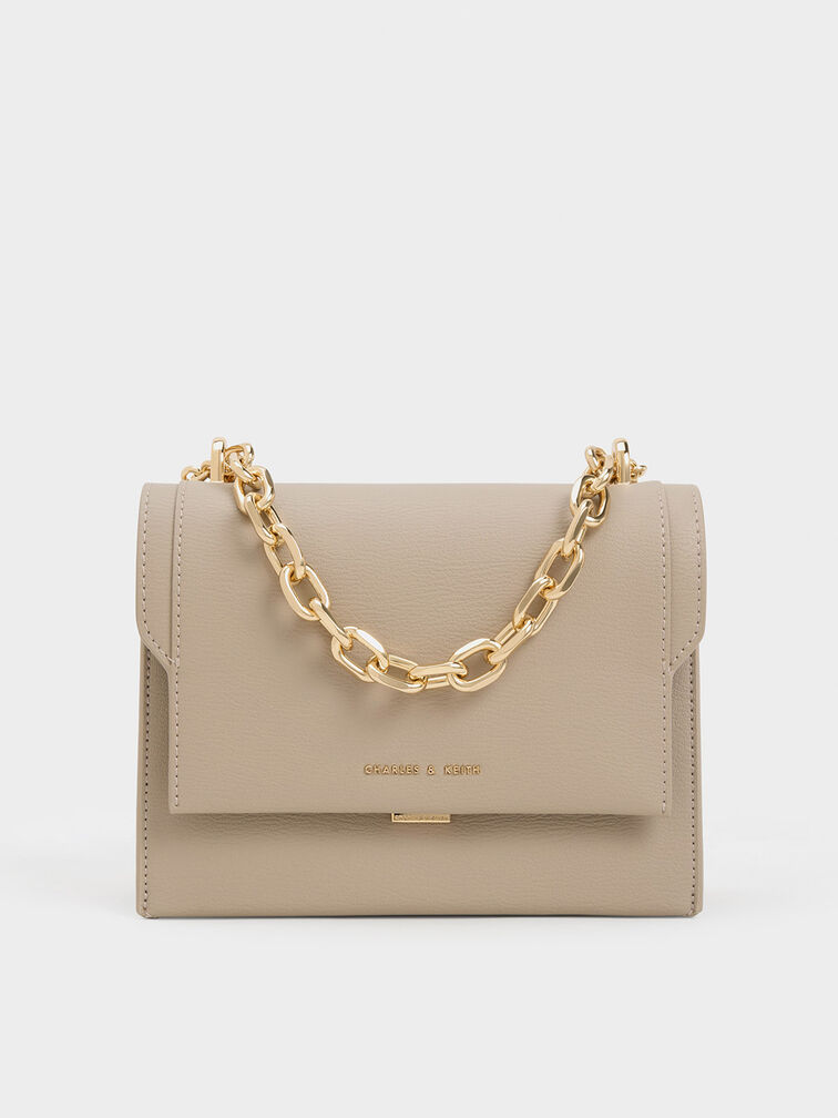 Taupe Front Flap Chain Handle Crossbody Bag CHARLES & KEITH MY