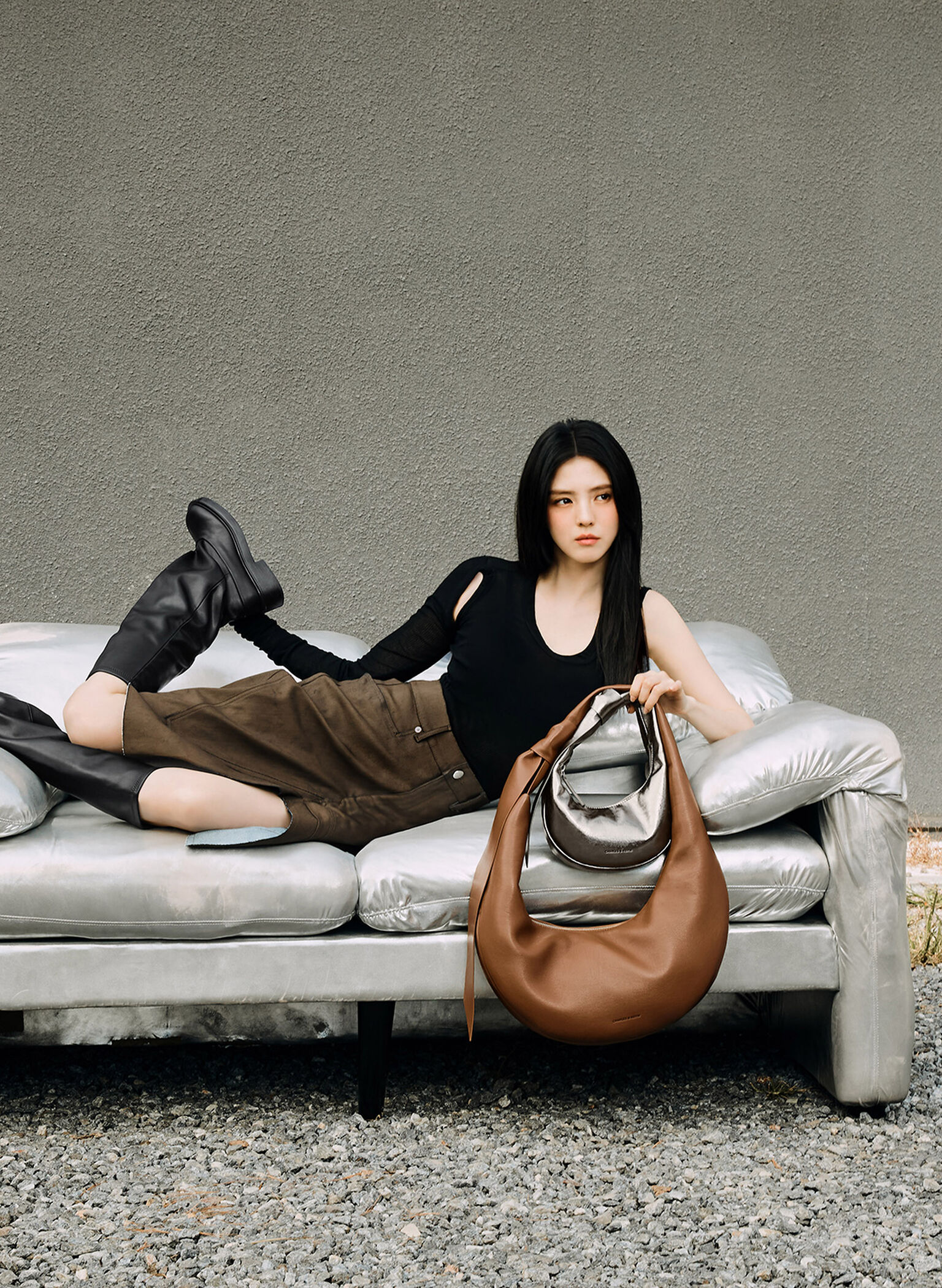 Micro Toni Knotted Crescent Hobo Bag, Pewter, hi-res