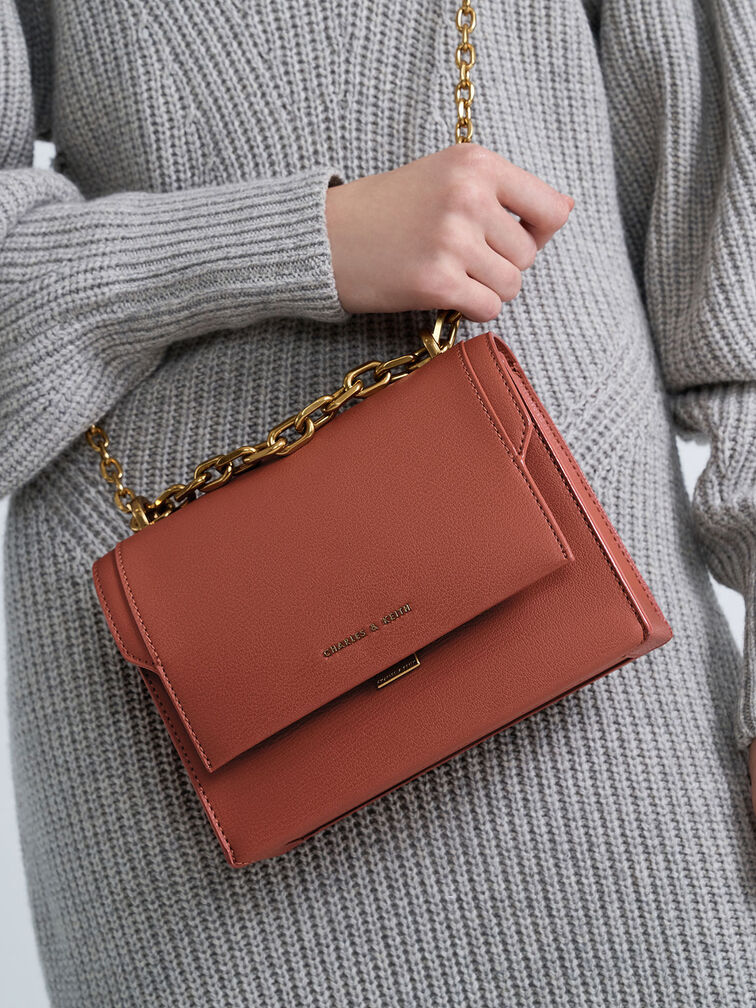 Front Flap Chain Handle Crossbody Bag, Brick, hi-res