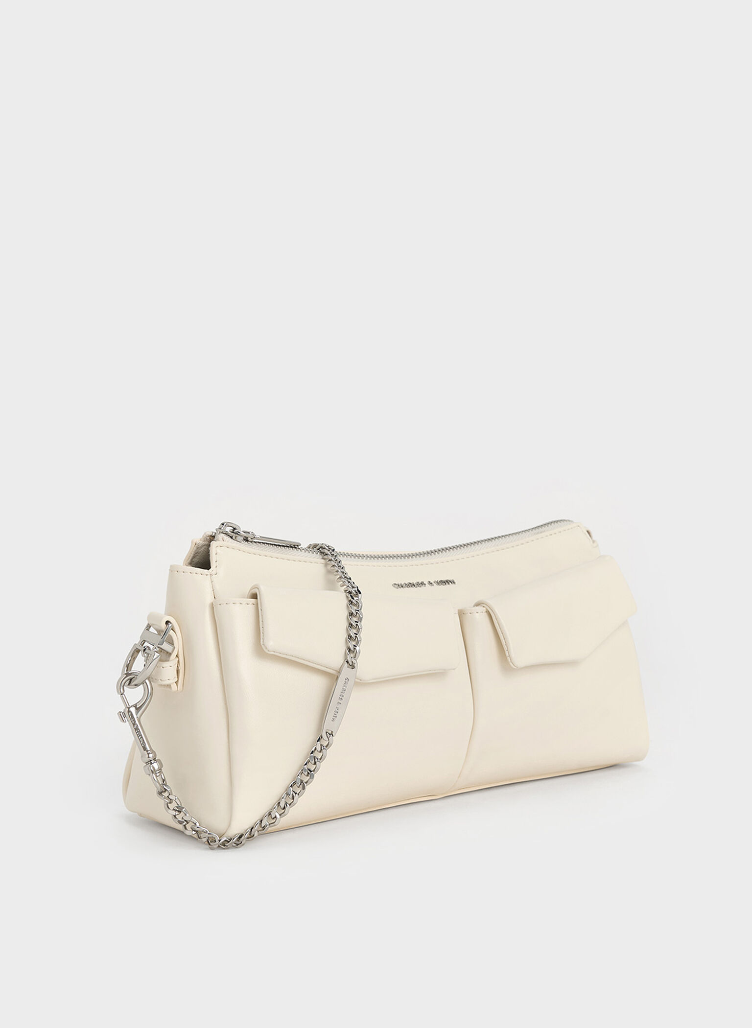 Bolso alargado Rachel con asa de cadena y bolsillo delantero, Crema, hi-res