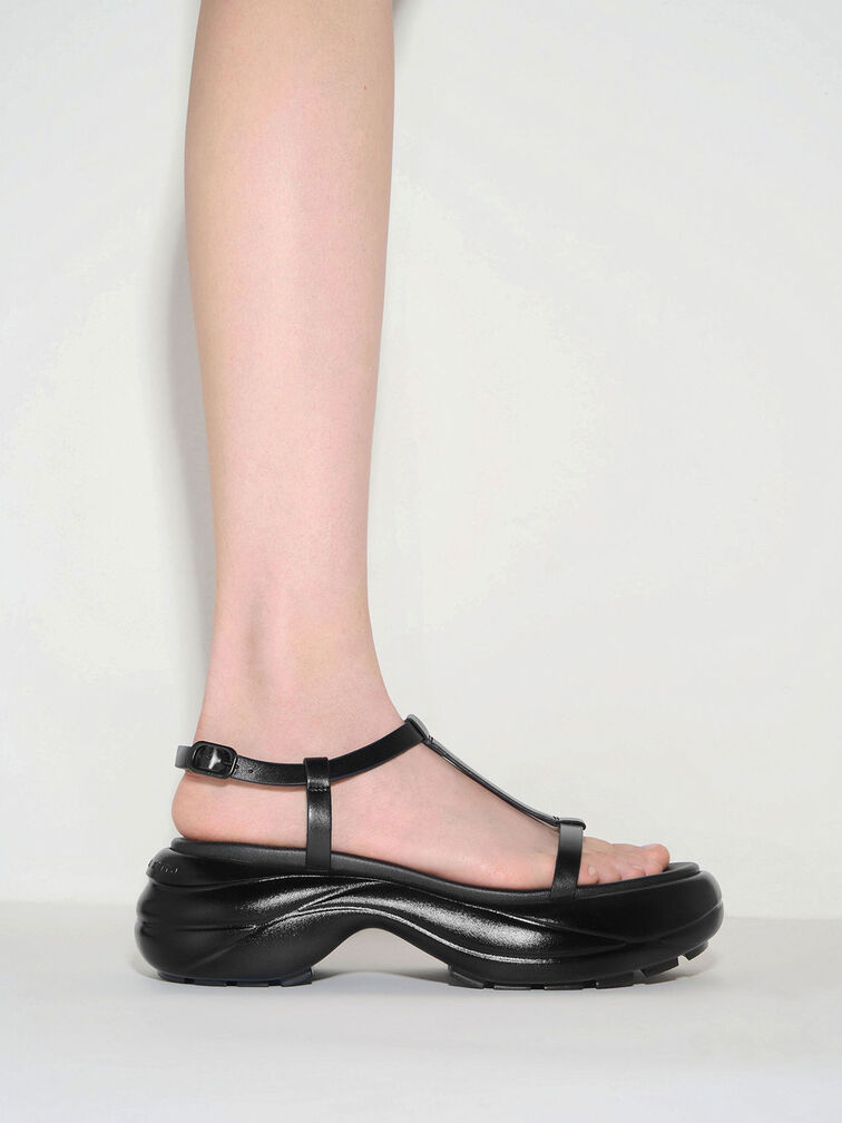 T-Bar Curved Platform Sports Sandals, Black, hi-res