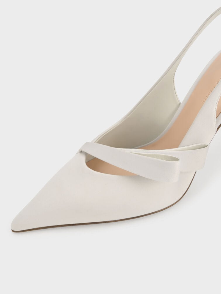 Satin Pleated-Strap Slingback Pumps, Light Grey, hi-res