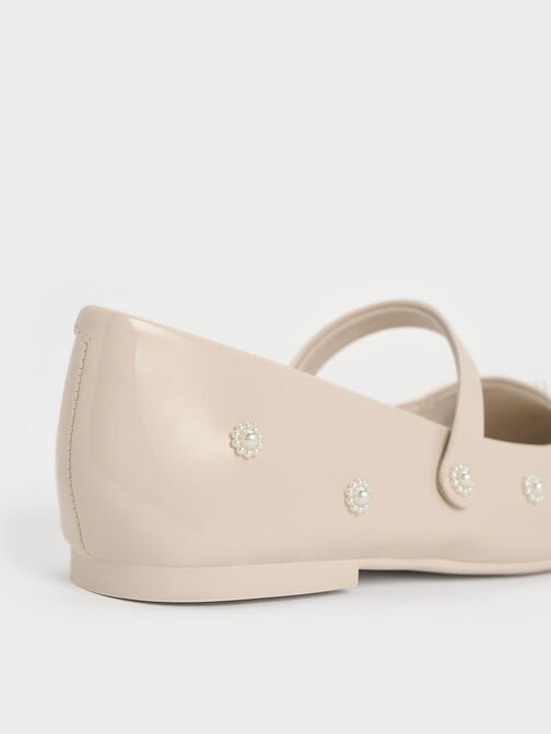 Girls' Patent Flower-Beaded Mary Janes, Cream, hi-res