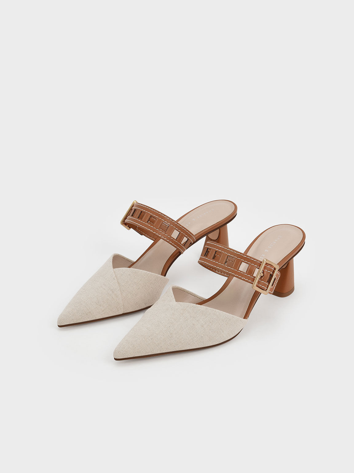 Caramel Cut-Out Strap Heeled Linen Mule Pumps - Charles & Keith