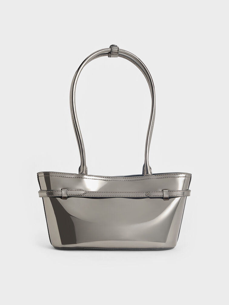 Sloane Metallic Elongated-Handle Shoulder Bag, Pewter, hi-res