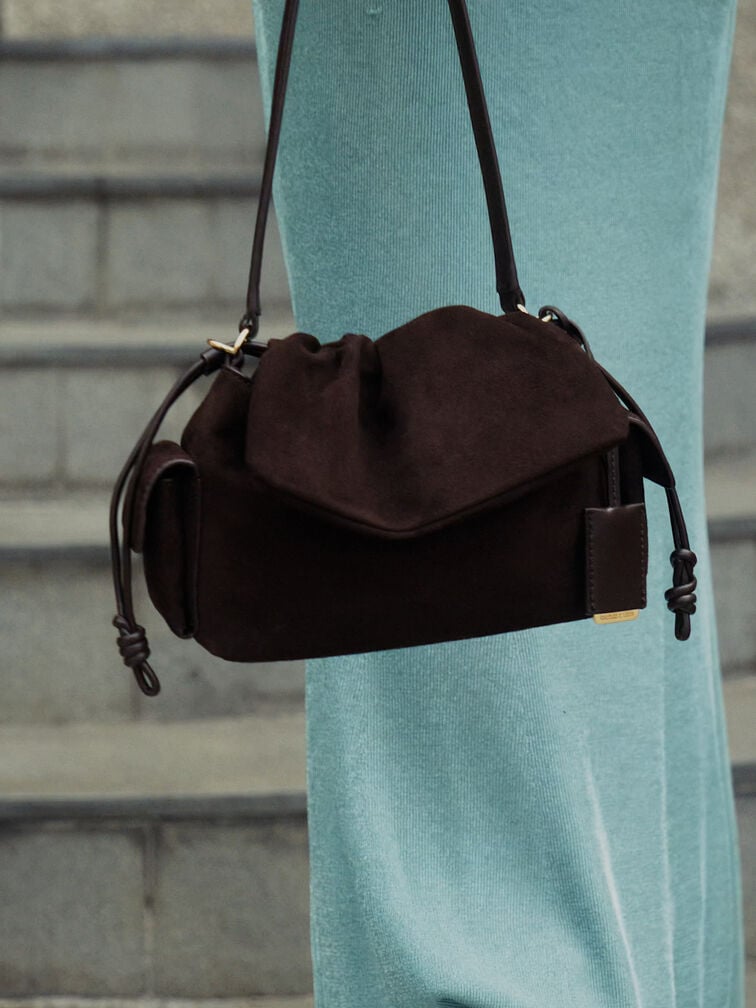 Khai Recycled Suede Ruched-Flap Side-Pocket Top Handle Bag, Espresso Brown, hi-res