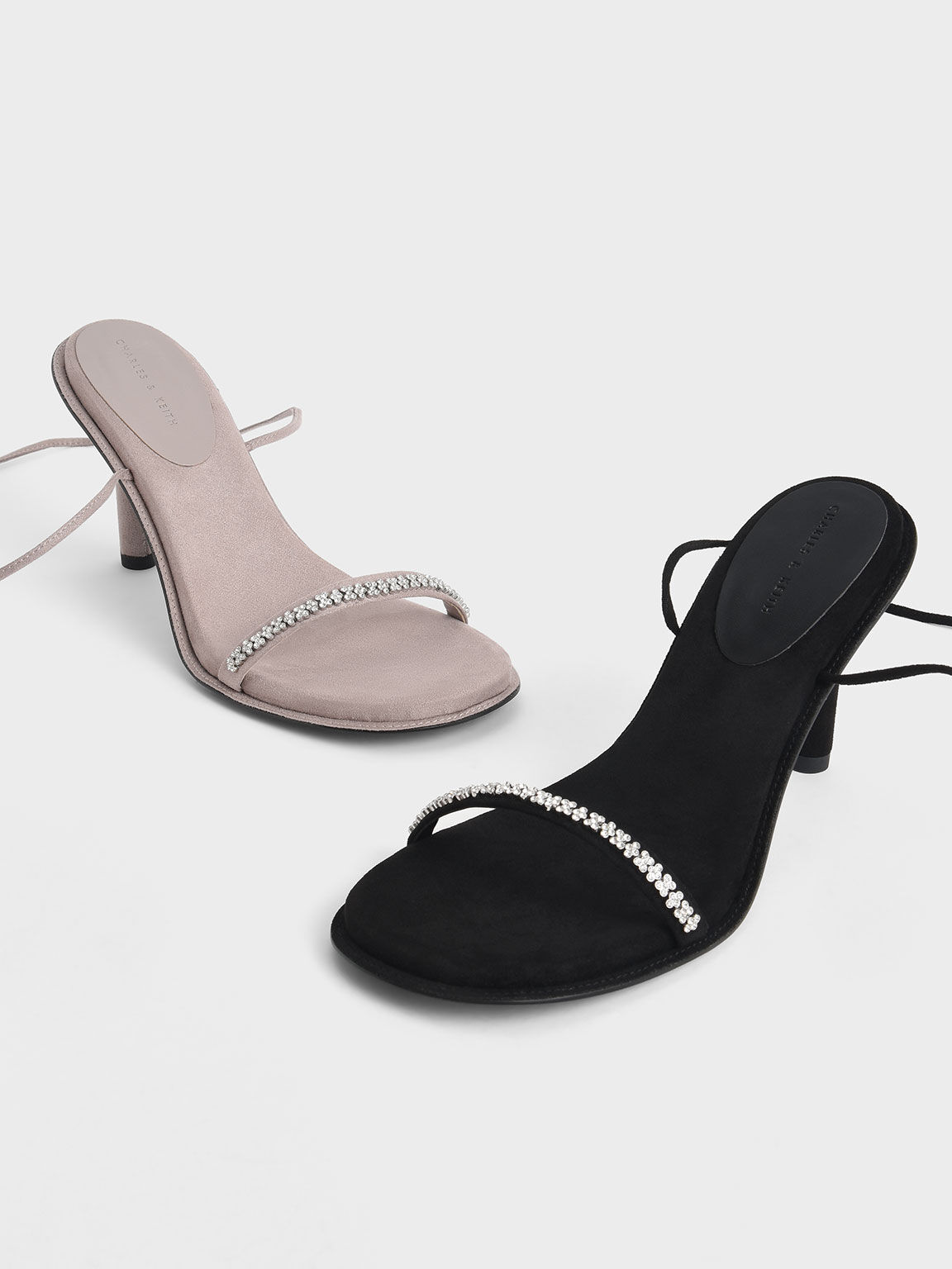 Gem-Embellished Tie-Around Stiletto Sandals, Black, hi-res