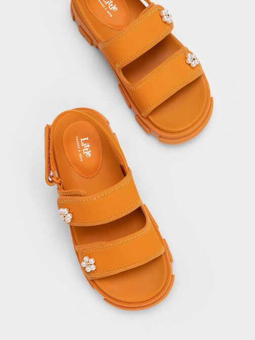 Girls' Beaded Flower Sports Sandals, Orange, hi-res