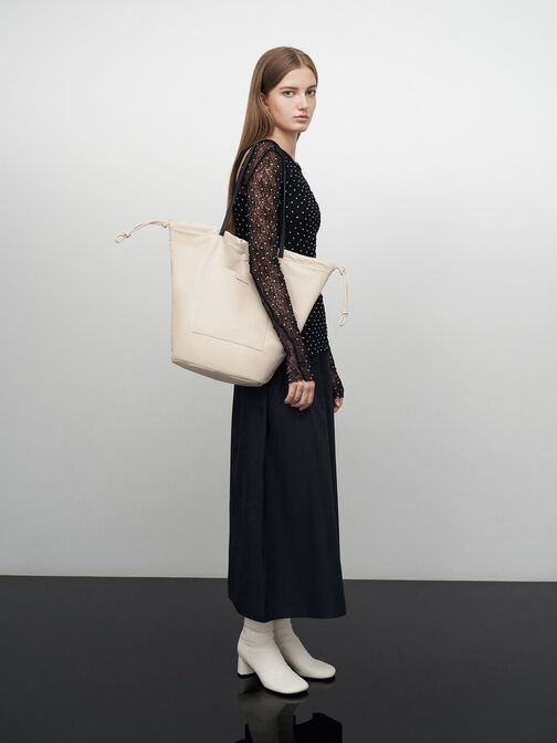 Sianna Linen Ruched Drawstring Tote Bag, Beige, hi-res