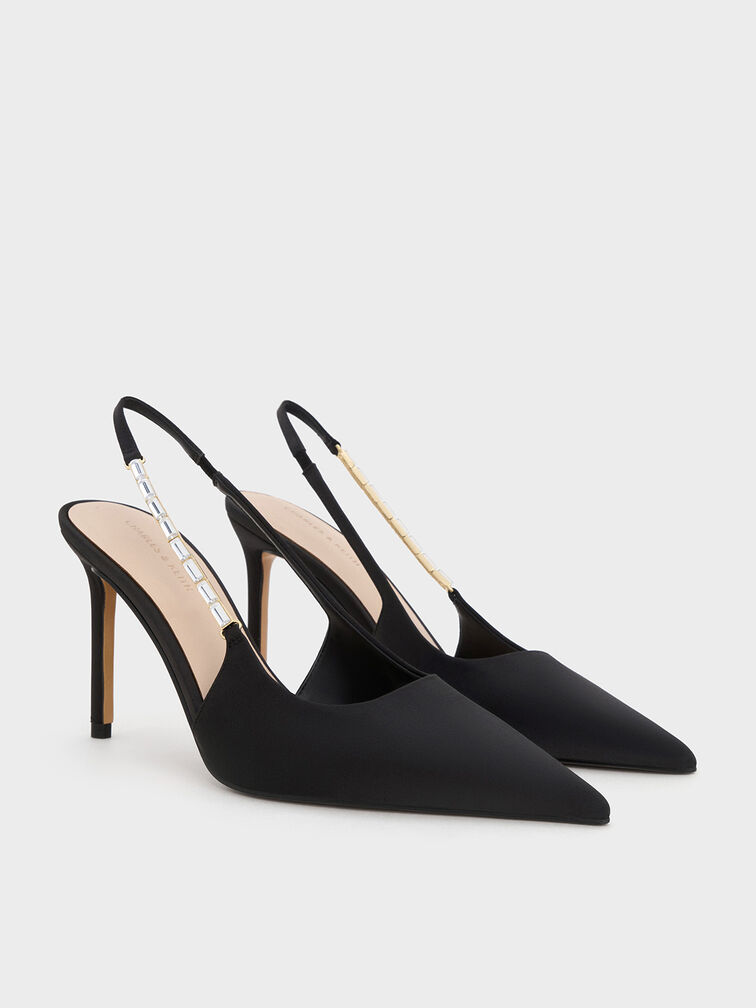 Zapatos de tacón de raso con tiras adornadas y puntera afilada, Negro texturizado, hi-res