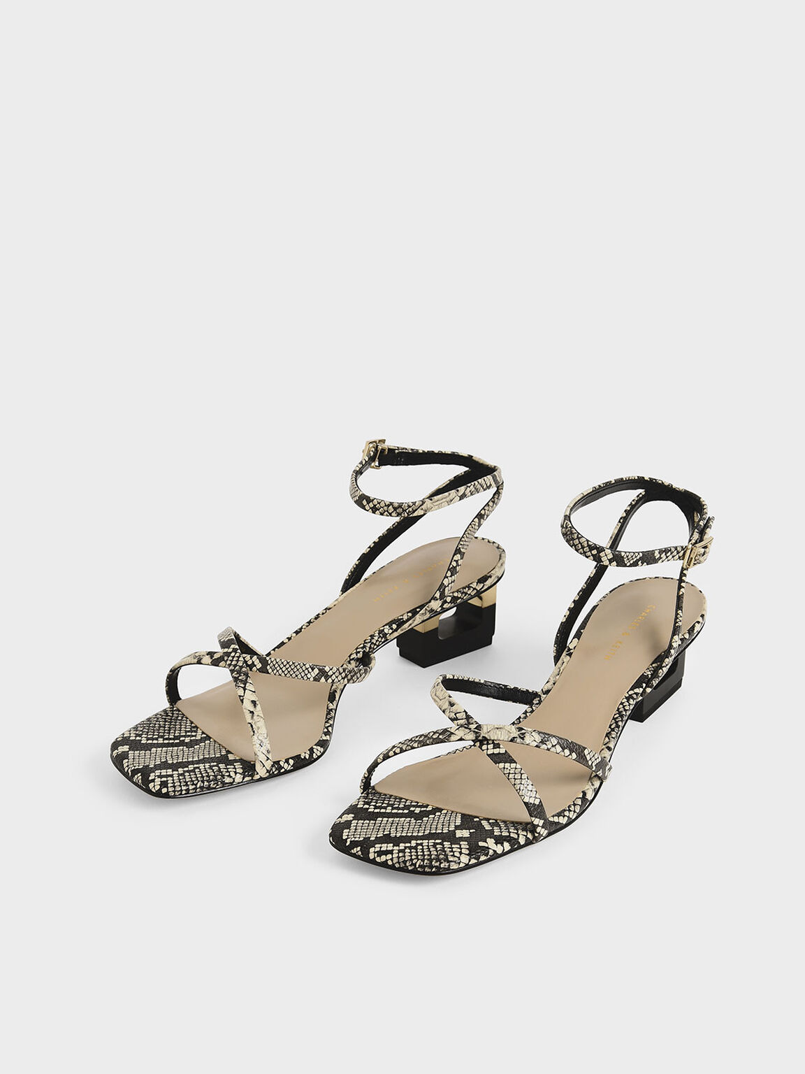Snake Print Sculptural Chrome Heel Sandals, Multi, hi-res