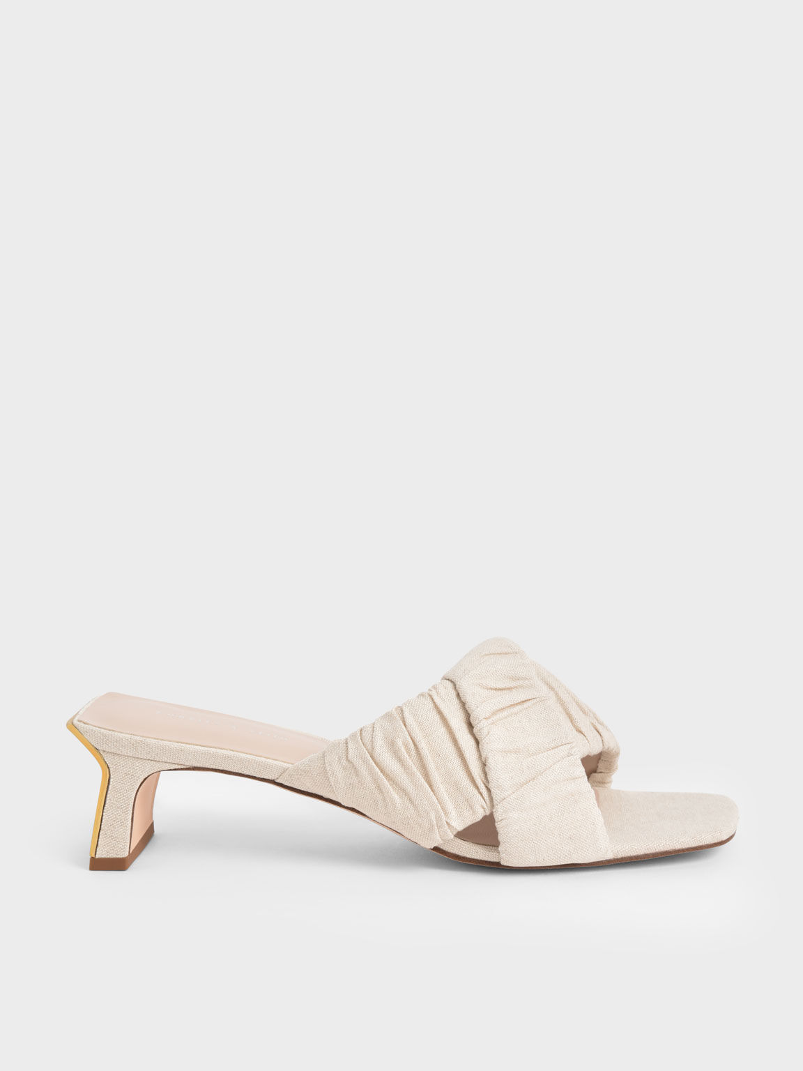 Linen Asymmetric Ruched Mules, Chalk, hi-res