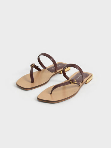Snake-Print Asymmetric Strap Thong Sandals, Animal Print Brown, hi-res