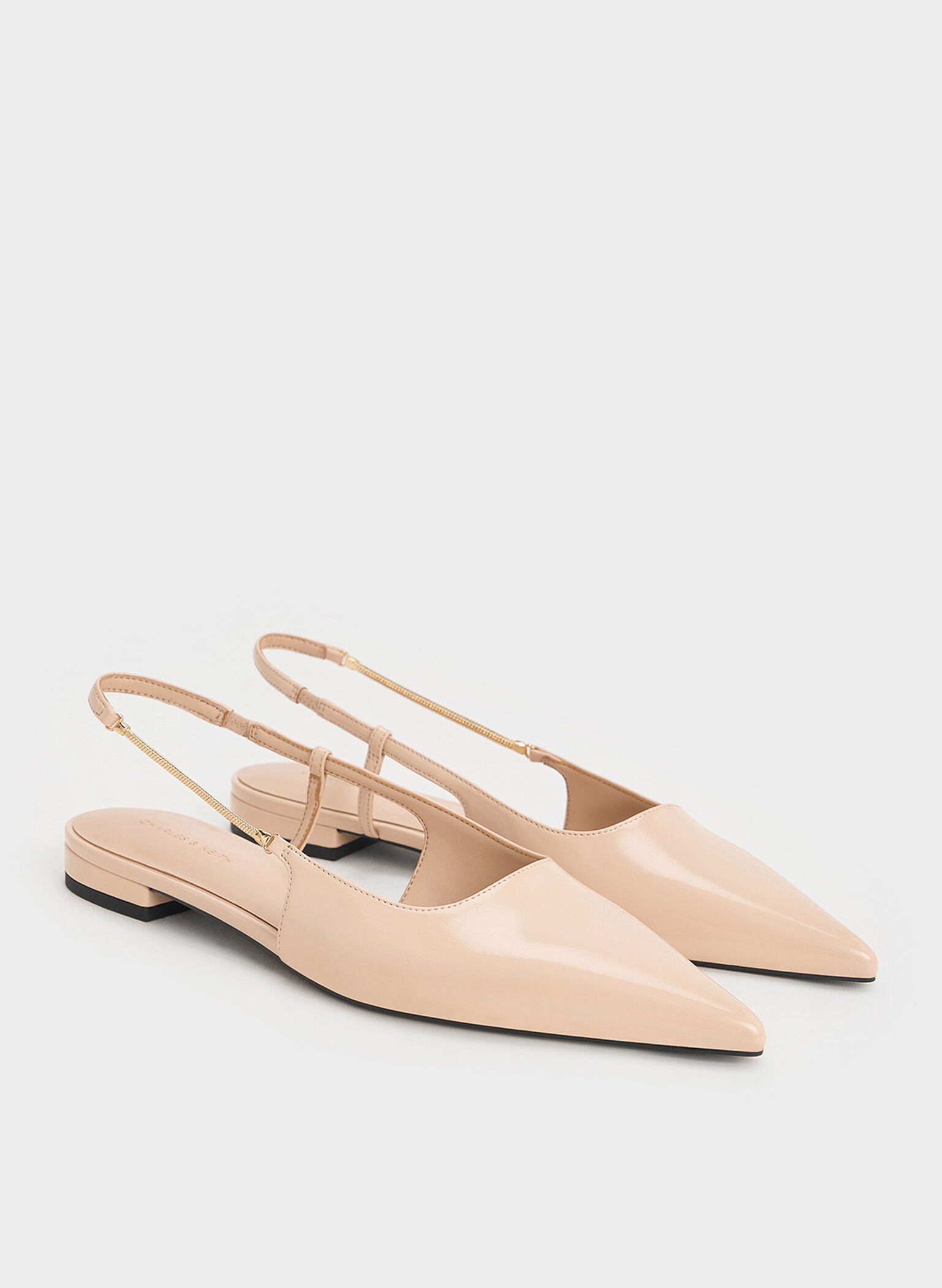 Chain-Strap Pointed-Toe Slingback Flats, Nude, hi-res