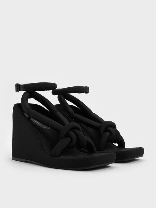 Toni Knotted Puffy-Strap Wedges, Black Textured, hi-res