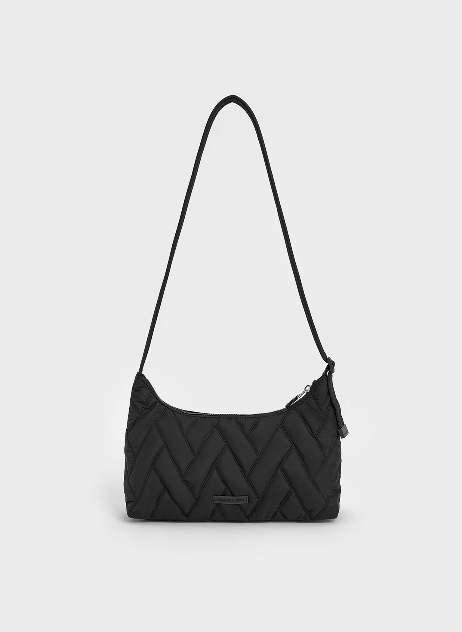 Bolso de hombro estilo chevron de nylon, negro azabache, hi-res