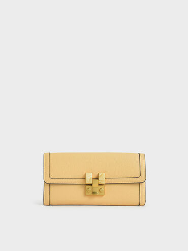 Stone-Embellished Mini Long Wallet, Yellow, hi-res