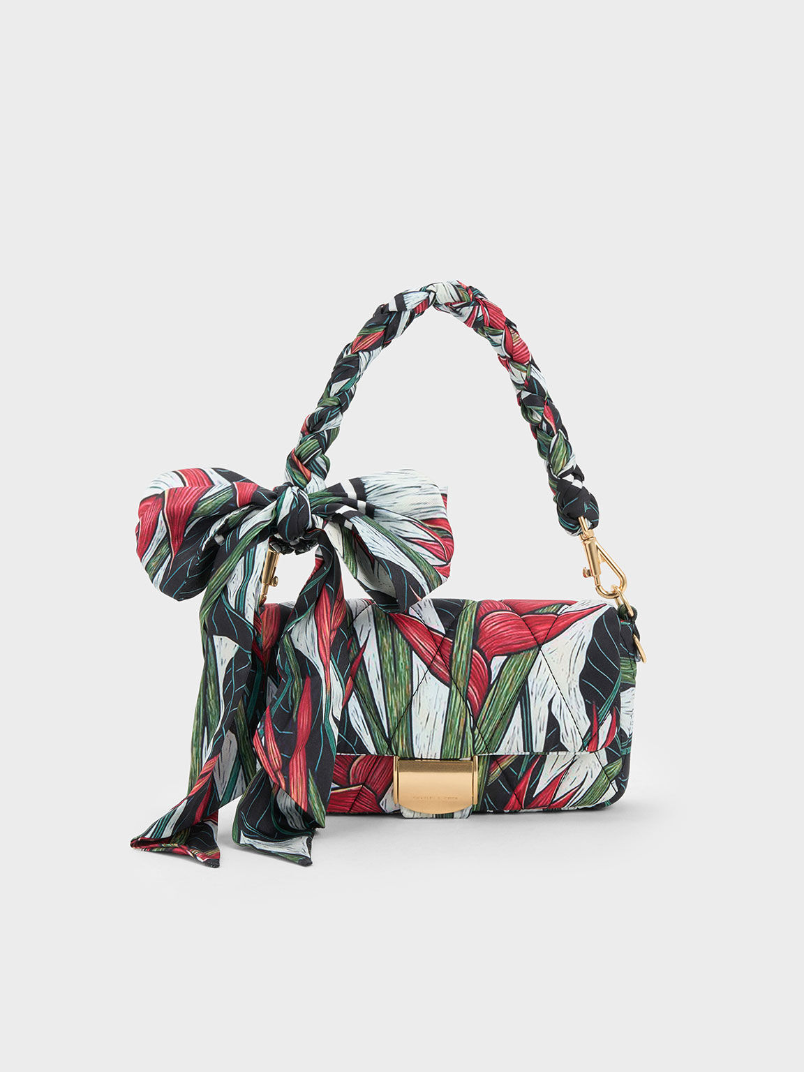 Botanical Print Fabric Wrapped Handle Bag, Red, hi-res