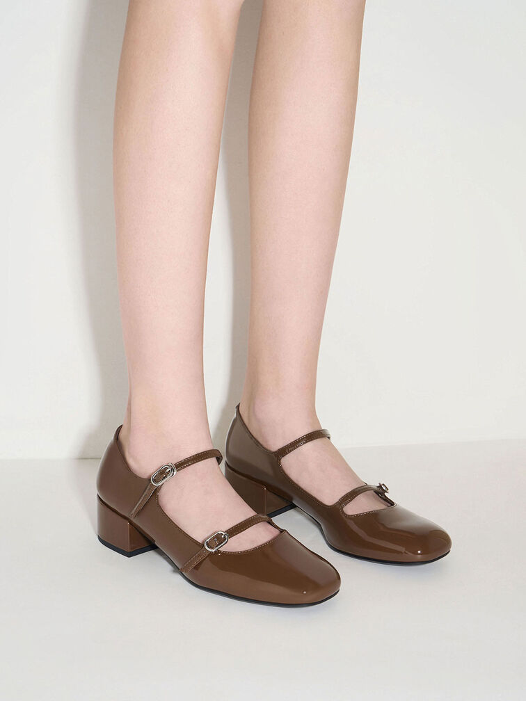 Mary Janes con tacón de bloque y doble tira, Marrón, hi-res