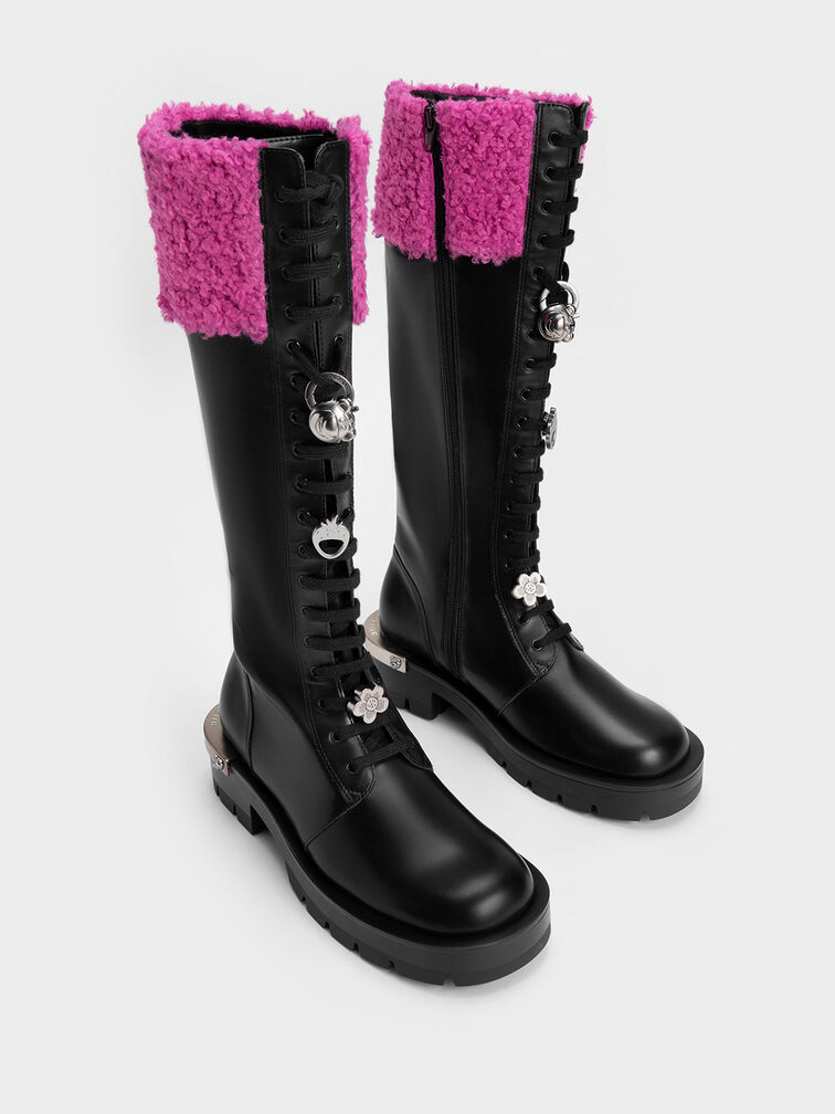 Lotso Furry Knee-High Combat Boots, Black Textured, hi-res