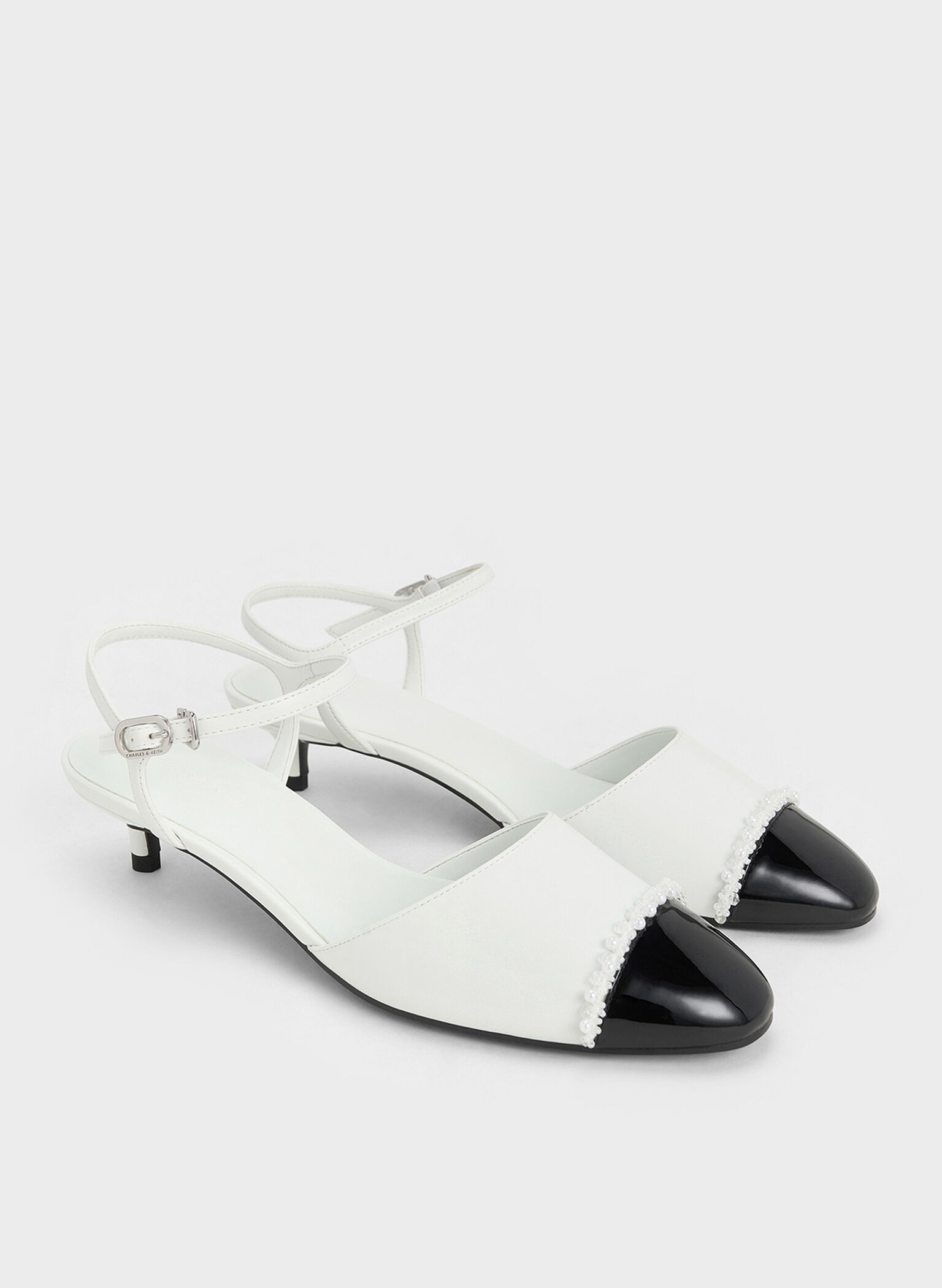 Pearl-Embellished Cap-Toe Kitten Heels, White, hi-res