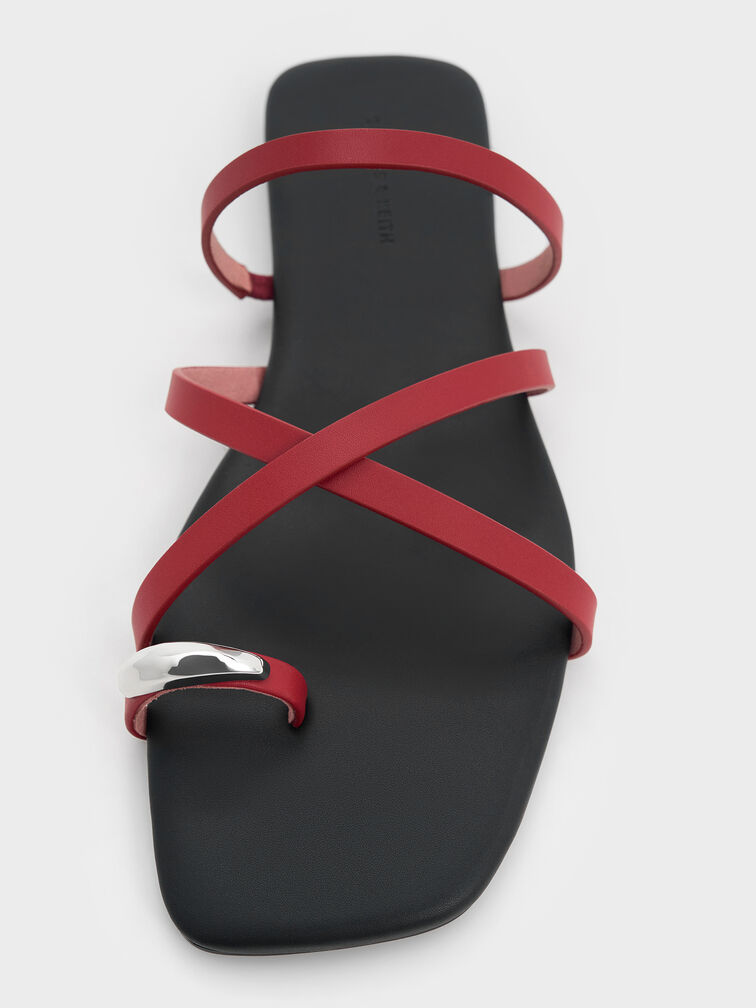 Metallic-Accent Strappy Toe-Ring Sandals, Red, hi-res
