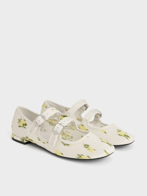 Mesh Floral-Print Double-Strap Mary Jane Flats, Multi, hi-res