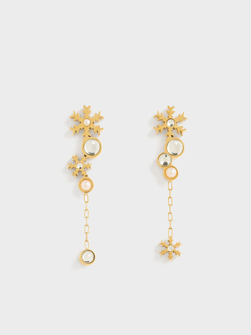 Snowflakes-Motif Pearl & Crystal Drop Earrings, Gold, hi-res