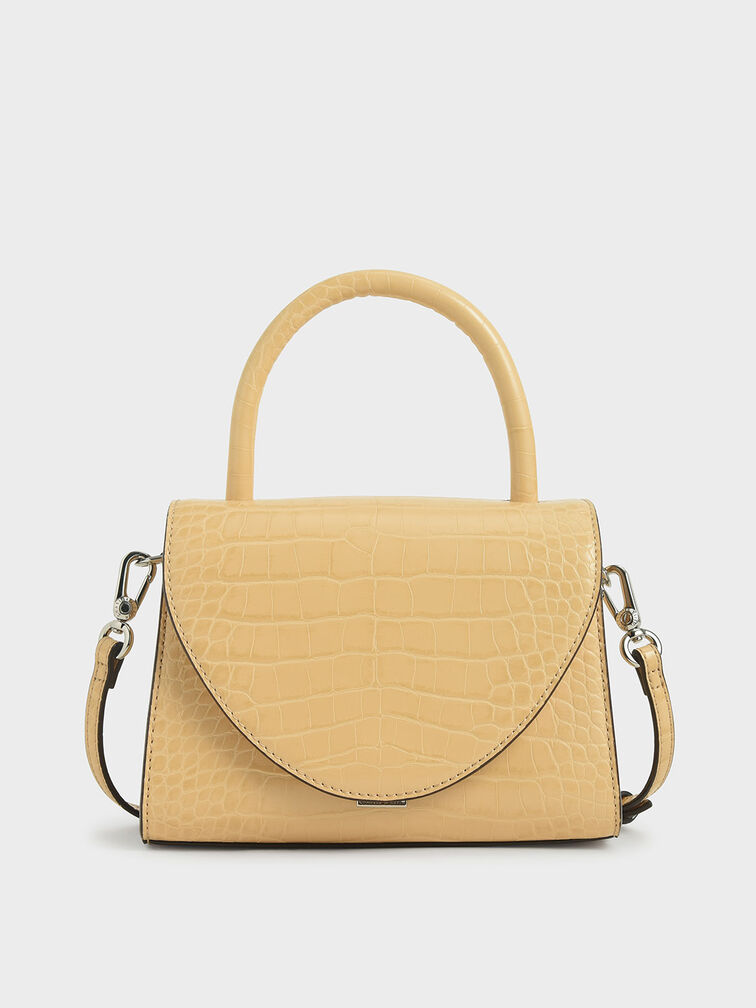 Croc-Effect Structured Top Handle Bag, Yellow, hi-res