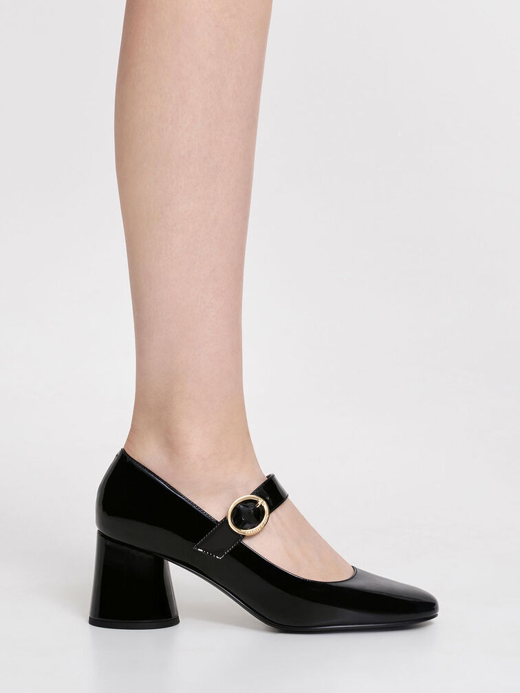 Patent Cylindrical Block Heel Mary Janes, Black Patent, hi-res
