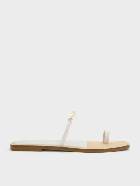 Metallic-Bar Toe-Ring Sandals, White, hi-res