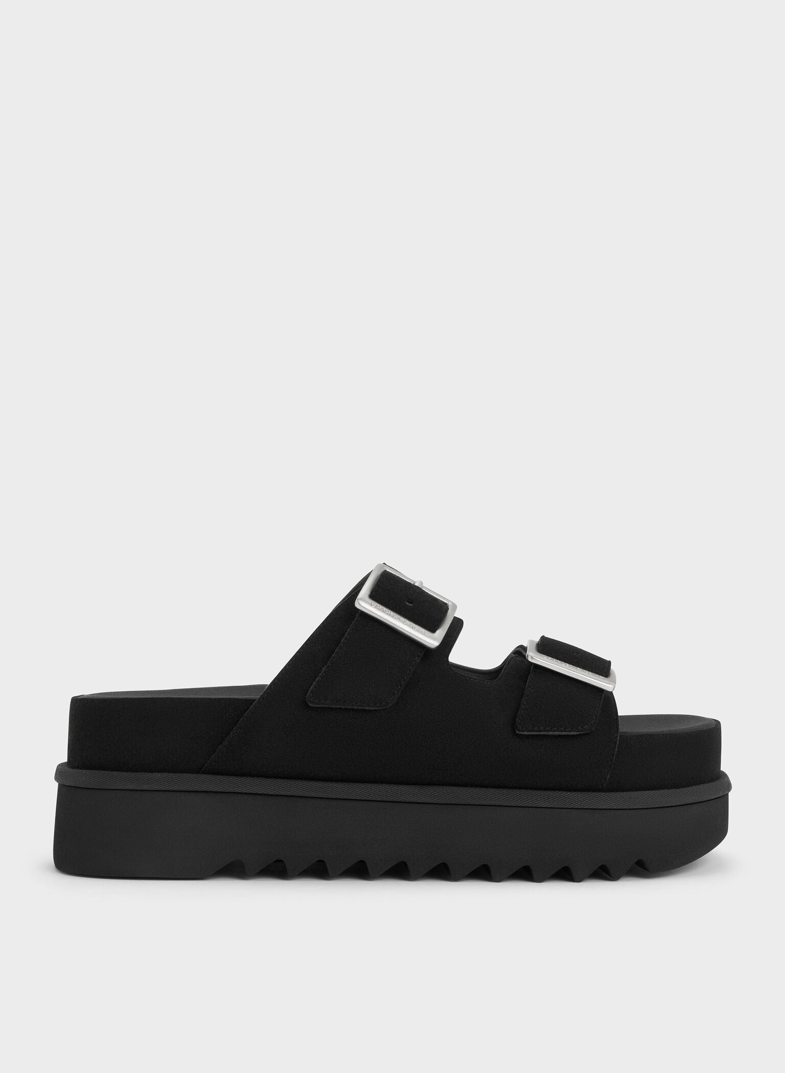 Buckled Double-Strap Flatform Sandals, Black, hi-res