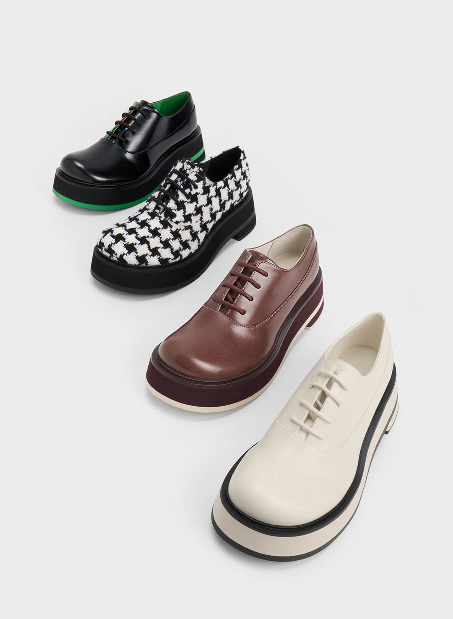 Tweed Houndstooth Platform Lace-Up Oxfords, White, hi-res
