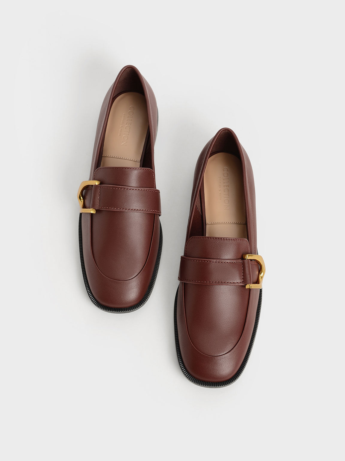 Brown Gabine Buckled Leather Loafers - CHARLES & KEITH US