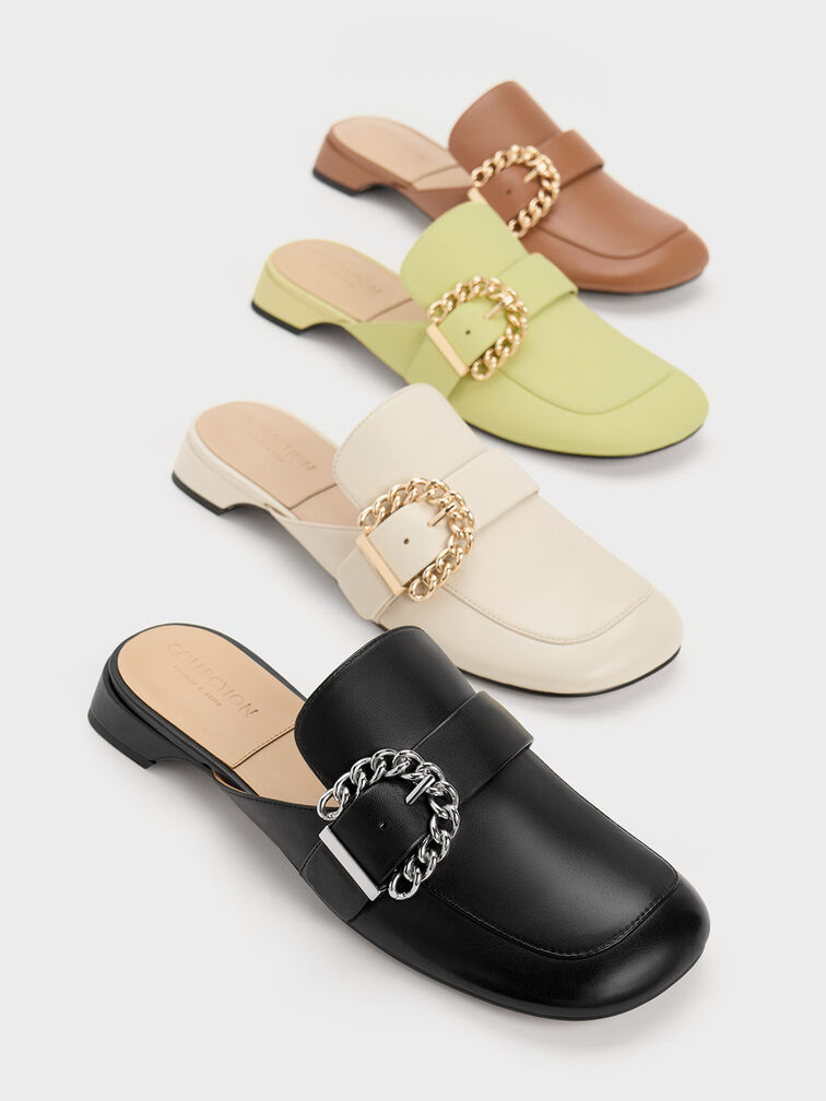 Chain-Buckled Leather Mules, Black, hi-res