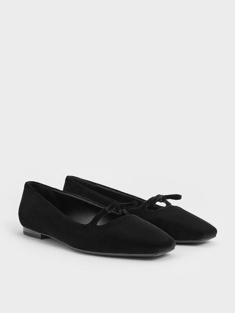 Velvet Bow Square-Toe Ballet Flats, Black Textured, hi-res