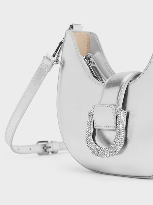 Gabine Metallic Leather Gem-Embellished Hobo Bag, Silver, hi-res