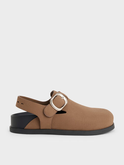 Mules slingback de ante con hebilla, Marrón, hi-res
