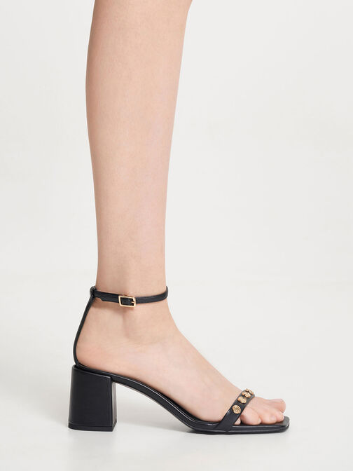 Studded Ankle-Strap Heeled Sandals, Black, hi-res