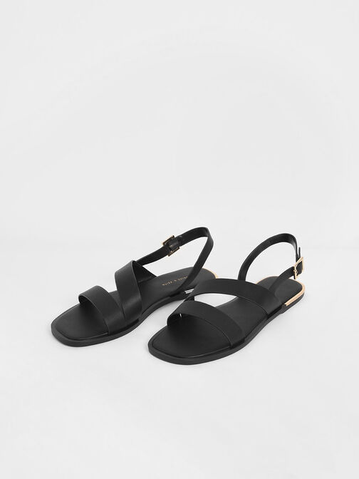 Asymmetric Strap Slingback Flats, Black, hi-res