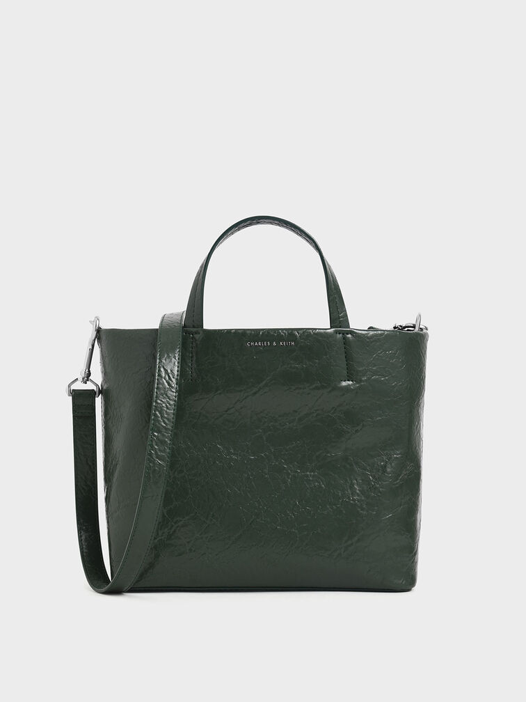 Wrinkled Effect Short Strap Tote Bag, Dark Green, hi-res