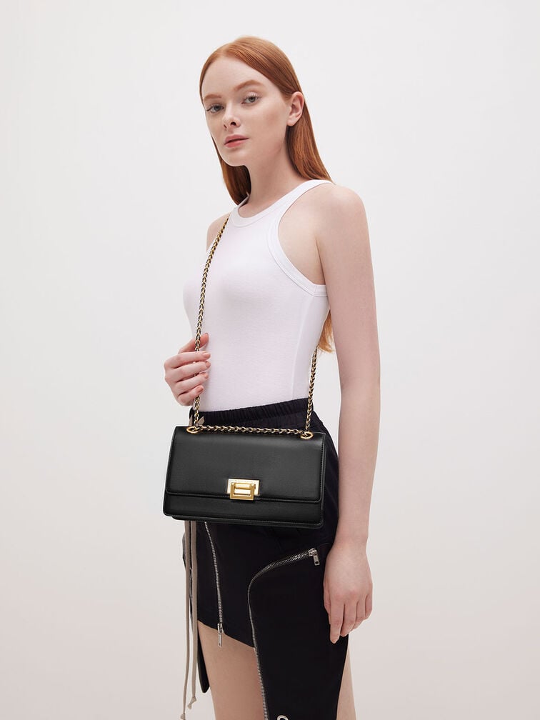 Bolso de hombro con asa de cadena, Negro, hi-res